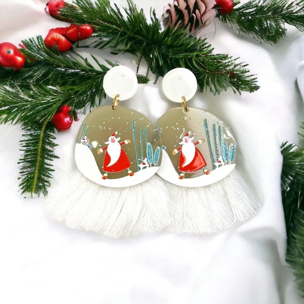 Festive Snowglobe Earrings - Santa Claus Christmas Drop Earrings with Fringe